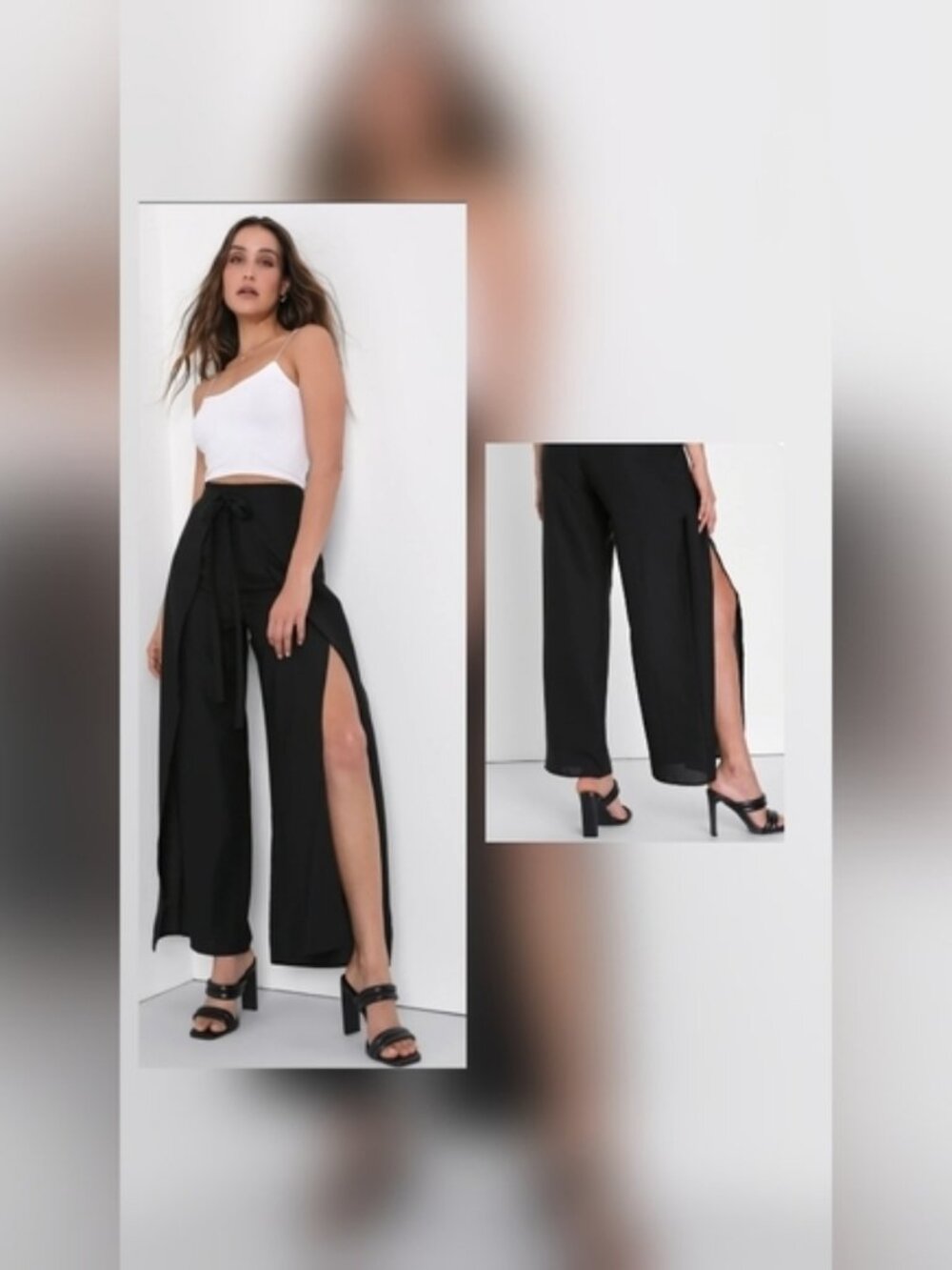 Lulu's SZ L Black Bright & Breezy Tie Front Culotte Wide Leg Side Slit Pants